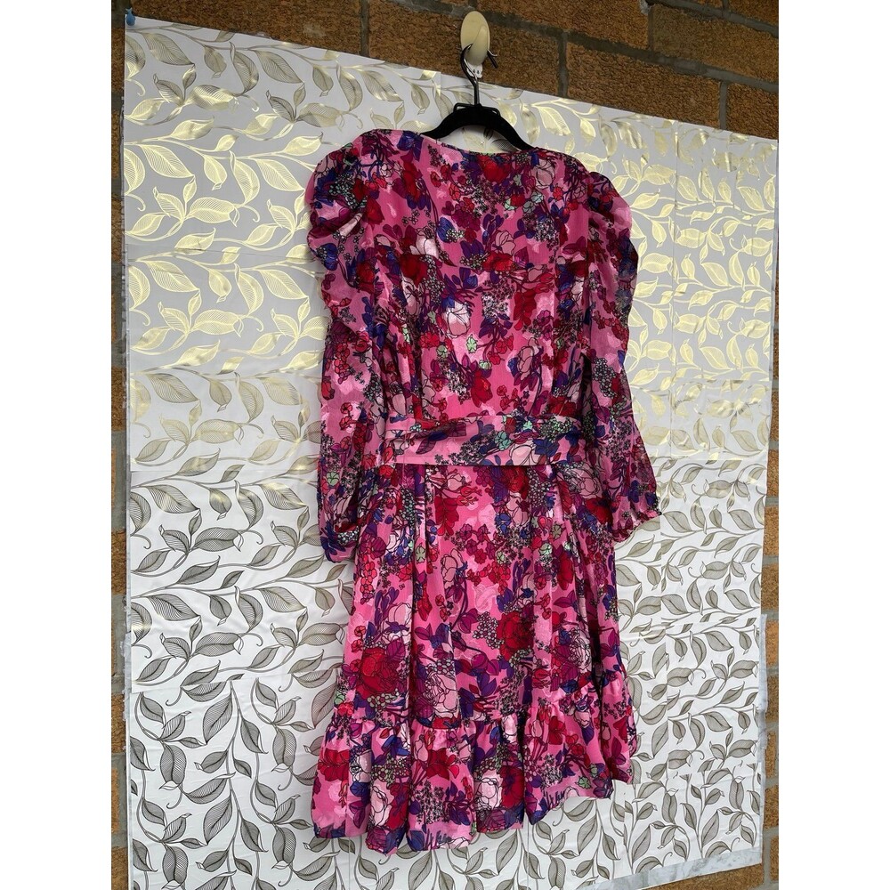 Tanya Taylor Pink Floral Silk-Look Wrap Dress Puff Sleeve Romantic Gardencore 12 - Picture 8 of 12